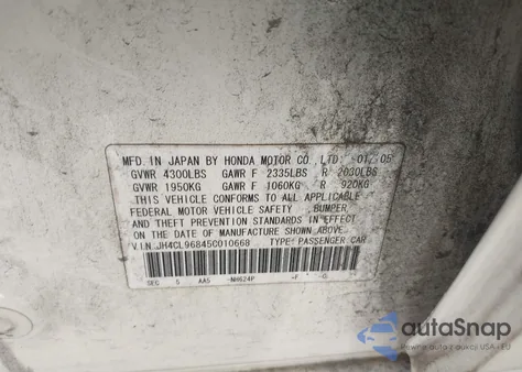 2005 Acura Tsx z USA, uszkodzony, nr VIN JH4CL96845C010668